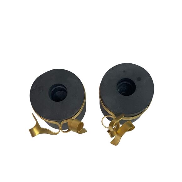 Black Soapstone Taper Candleholders Goldtone Metal Ribbon - Picture 3 of 6